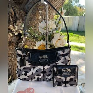 RARE Coach Small Madison Sateen Black & Gray Shoulder Bag and Wallet Set